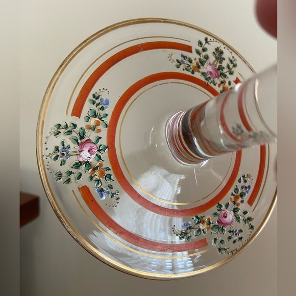 Vintage Set of 2 Candlesticks Clear w/ Hand painted Orange, Gold & Flowers - Picture 6 of 16